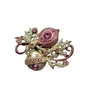Christmas Ornament Brooch Pink & Gold Balls on Tree Branch Rhinestone Accents